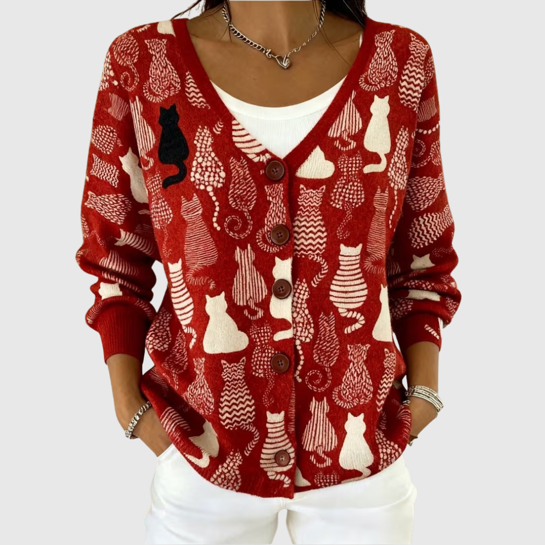 Cardigan con bottoni rosso stampa gatti