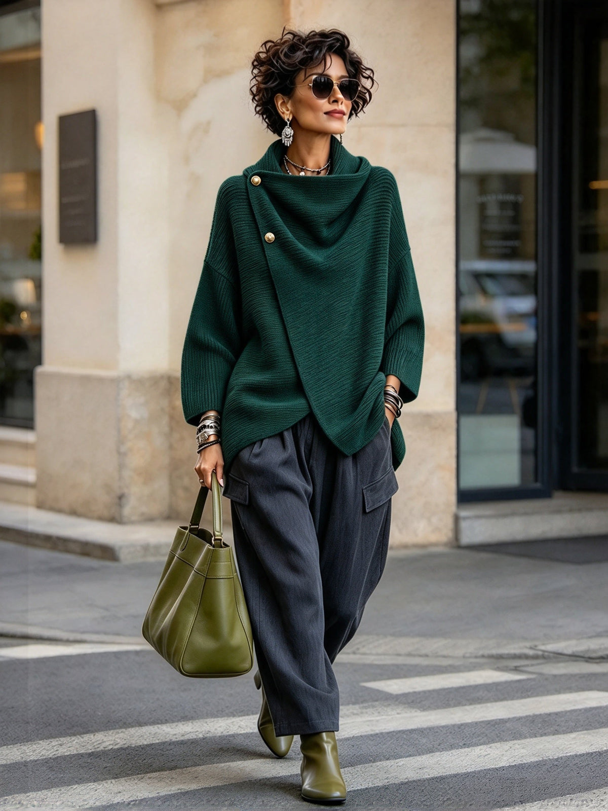 Maglione Alba verde scuro con pantaloni ampi