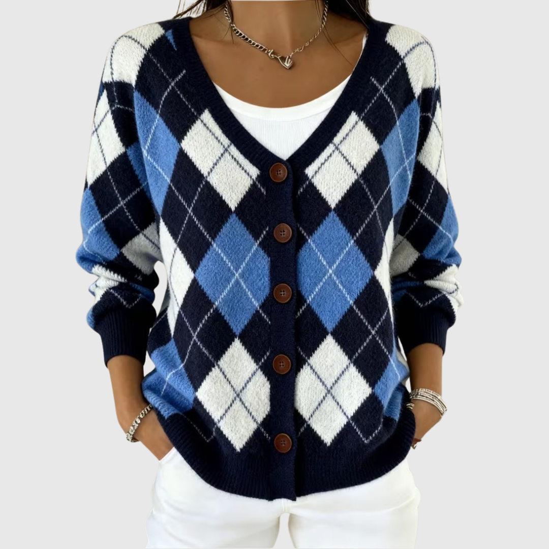 Cardigan con bottoni blu a quadri scozzesi