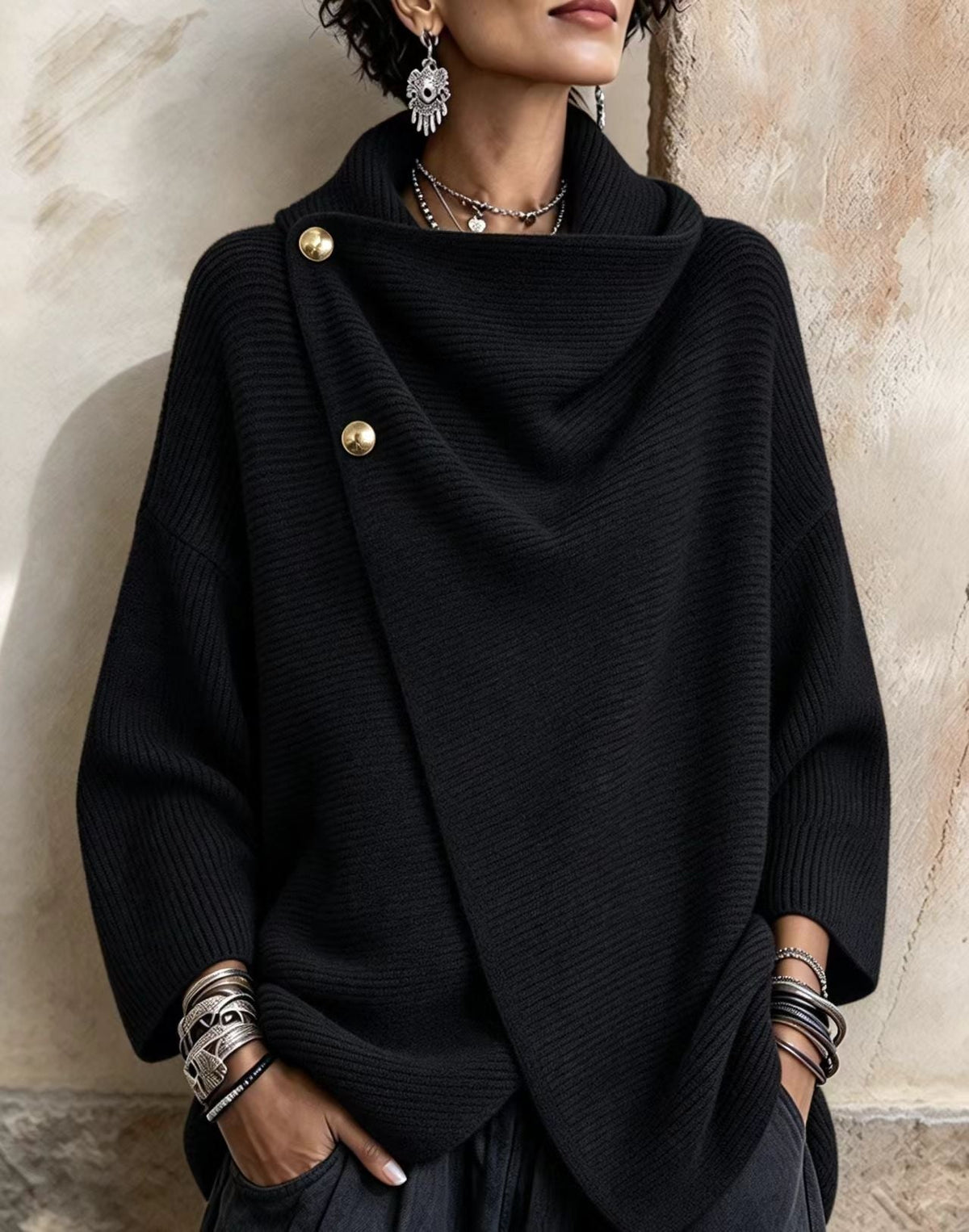 Maglione Alba nero in maglia con collo asimmetrico