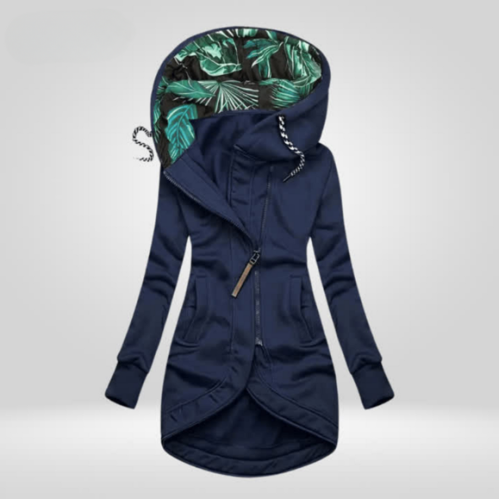 Giacca lunga con cappuccio e chiusura asimmetrica