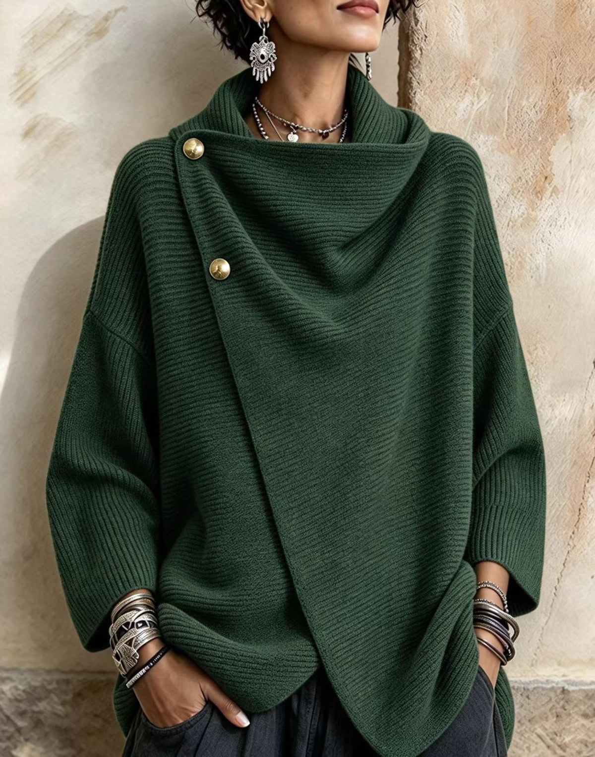 Maglione Alba verde scuro in maglia con collo asimmetrico