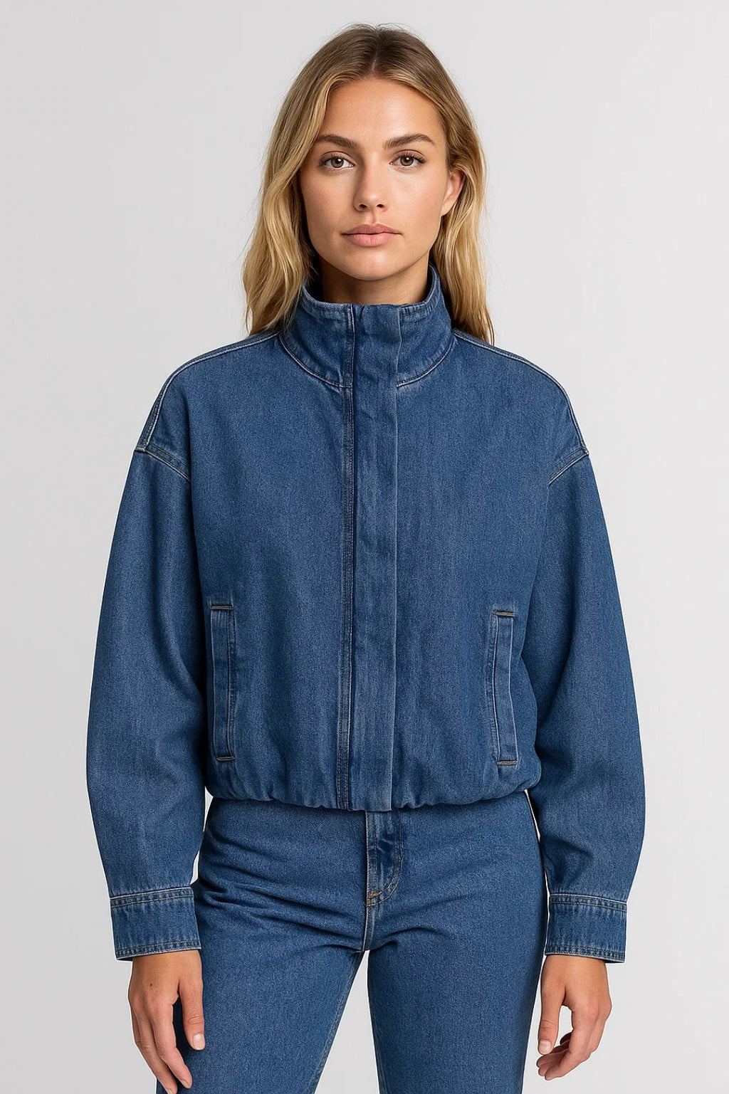 Oversized Denim Jas met Opstaande Kraag en Rits
