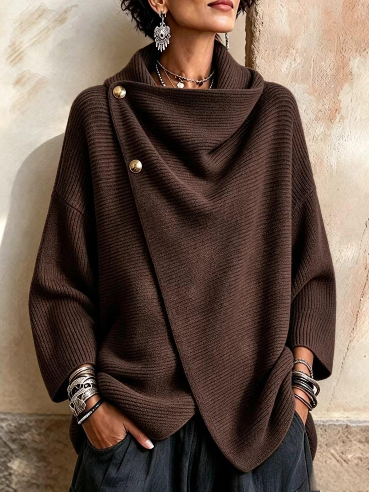 Maglione Alba marrone in maglia con collo asimmetrico