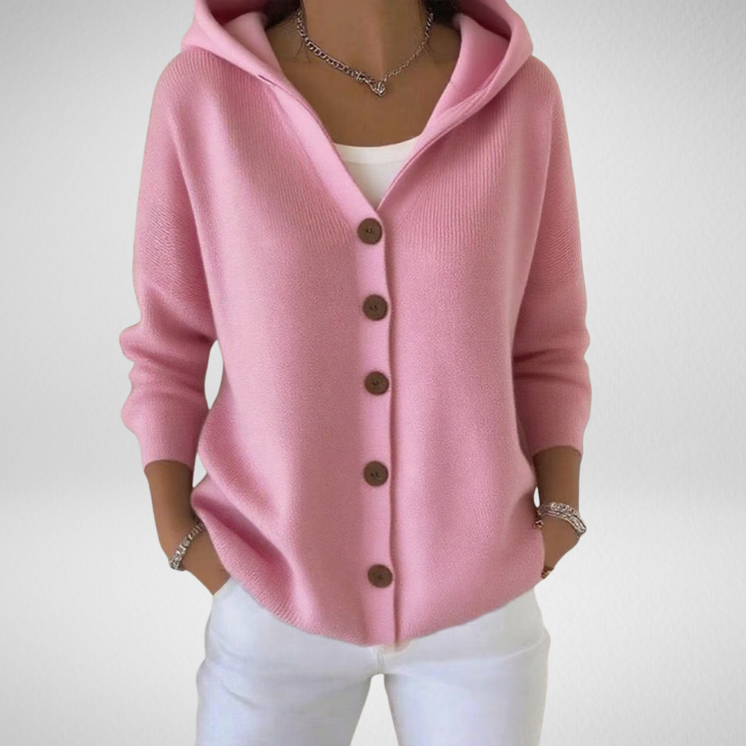 Cardigan con cappuccio rosa, vista frontale