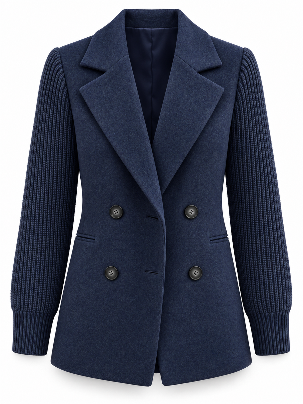 Blazer blu navy con maniche in maglia su sfondo bianco, senza modella