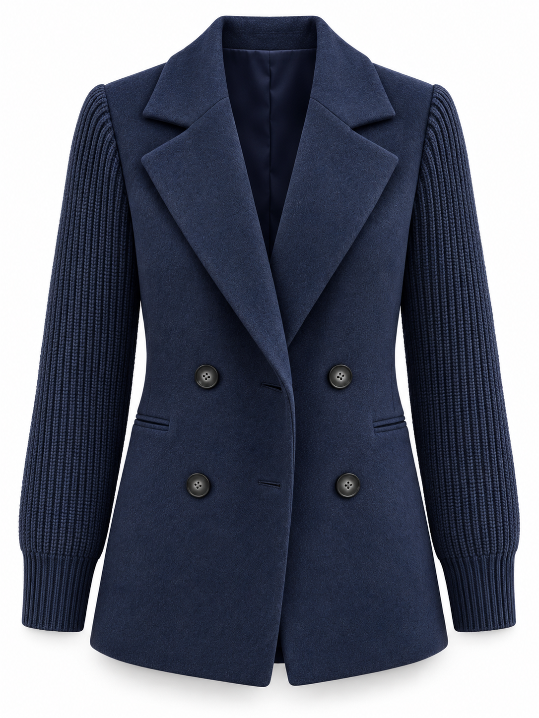 Blazer blu navy con maniche in maglia su sfondo bianco, senza modella