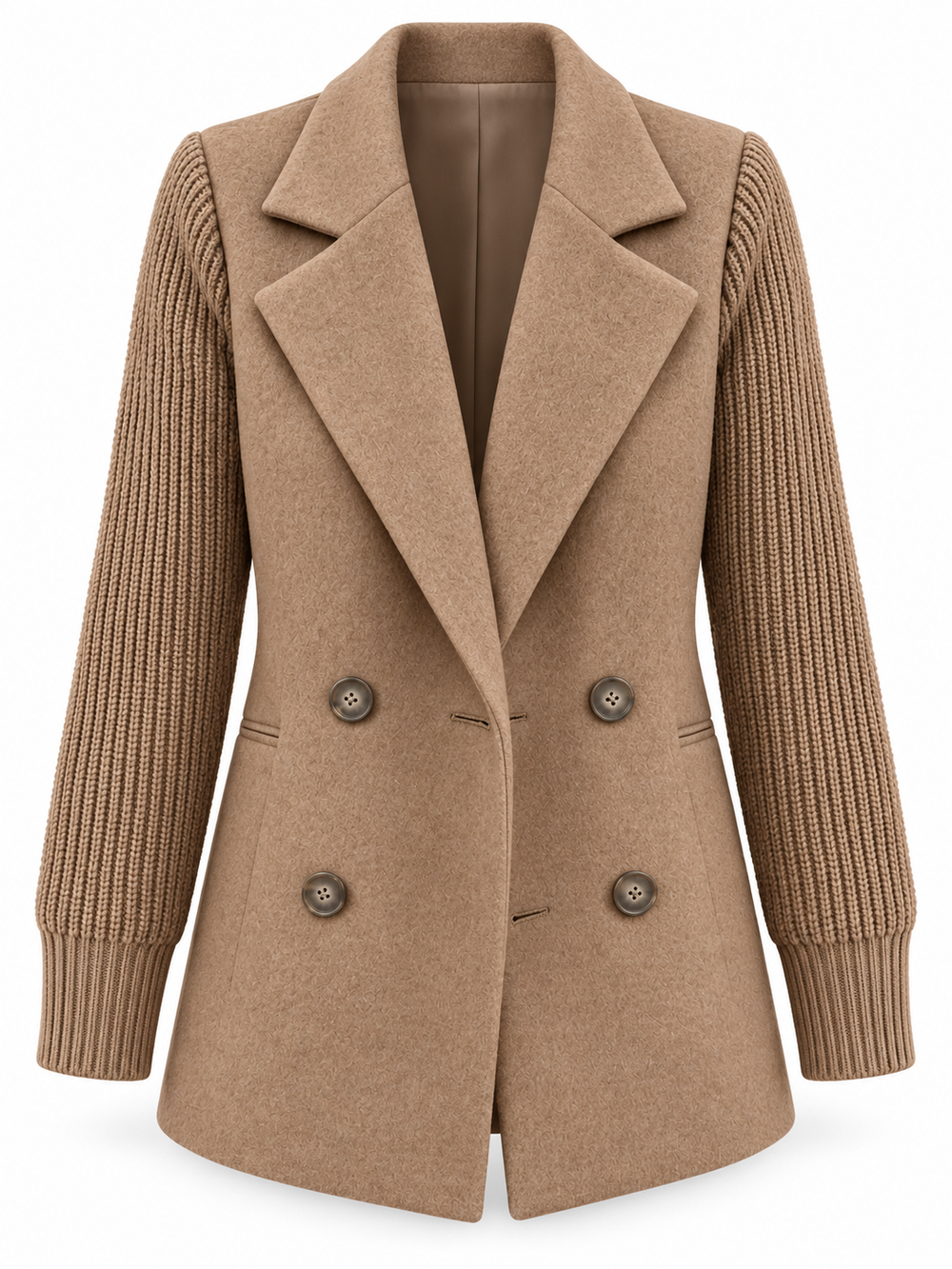 Blazer cachi con maniche in maglia su sfondo bianco, senza modella
