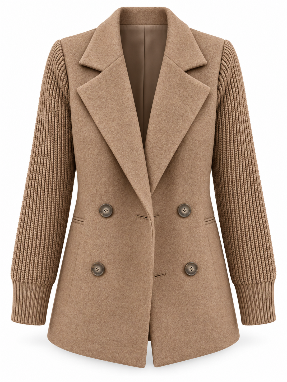 Blazer cachi con maniche in maglia su sfondo bianco, senza modella