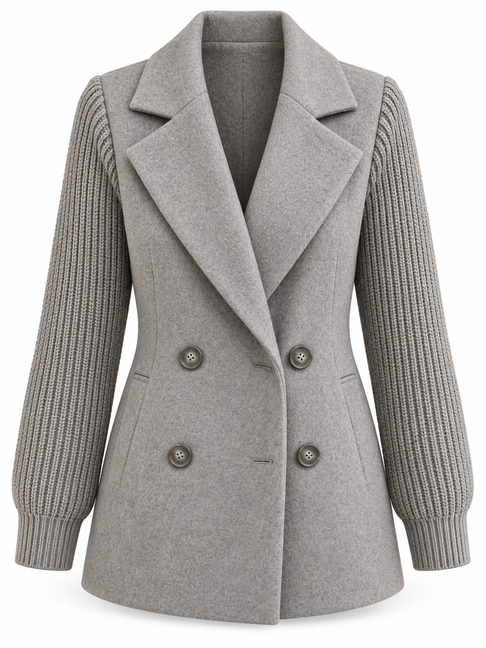 Blazer grigio con maniche in maglia su sfondo bianco, senza modella