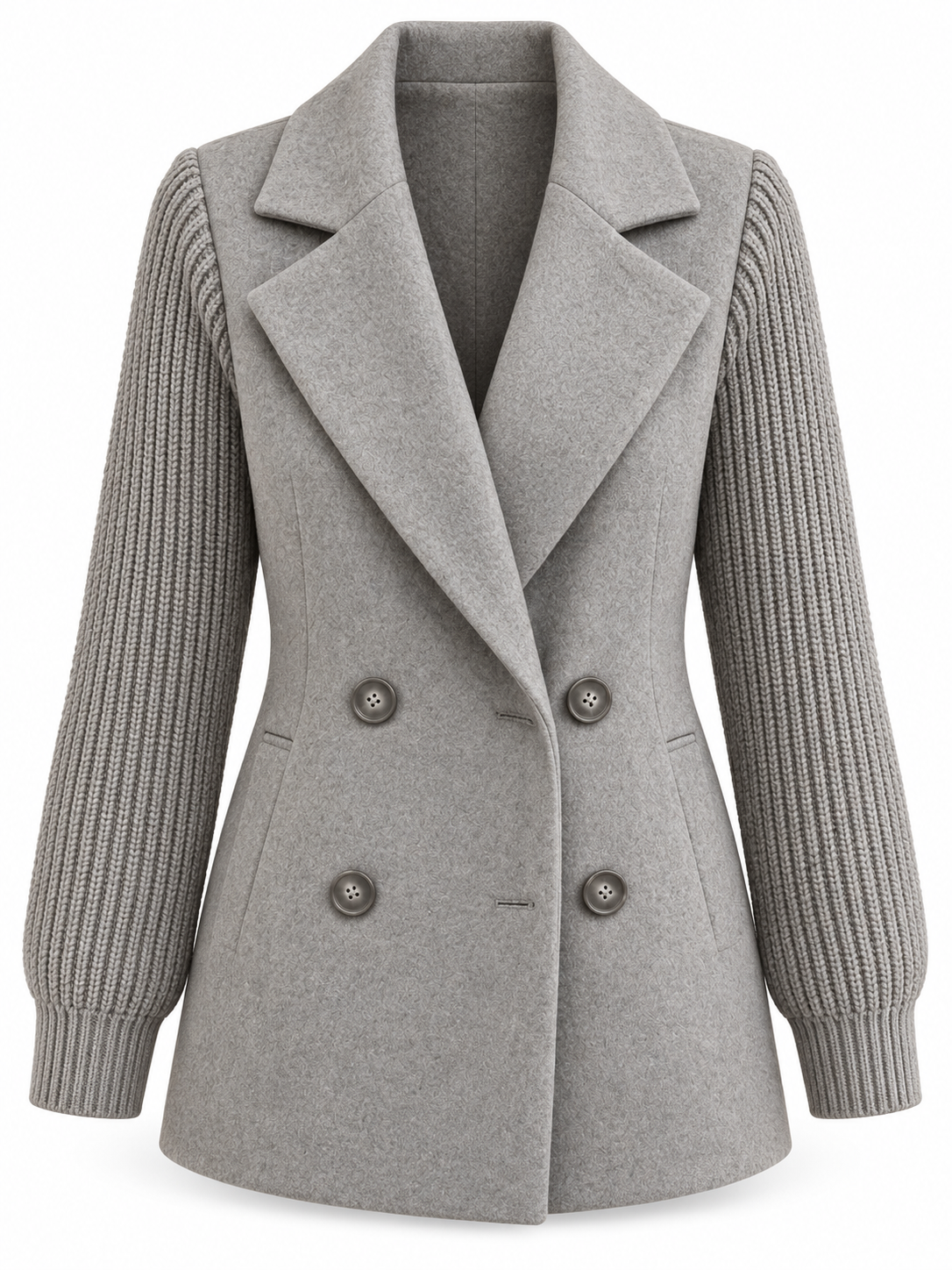 Blazer grigio con maniche in maglia su sfondo bianco, senza modella