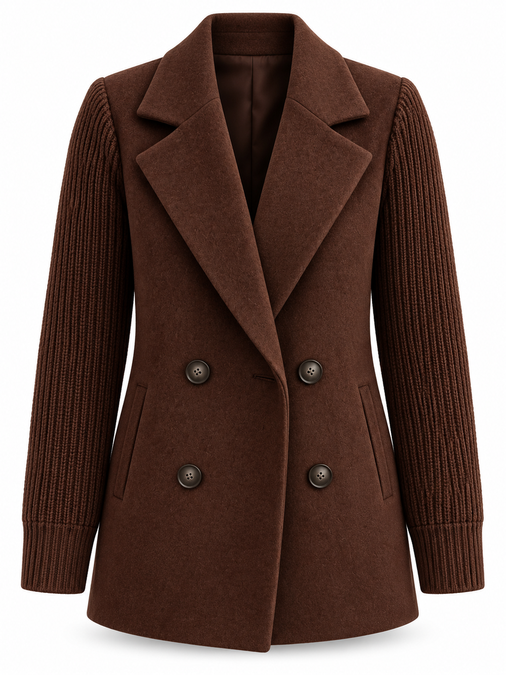 Blazer marrone con maniche in maglia su sfondo bianco, senza modella