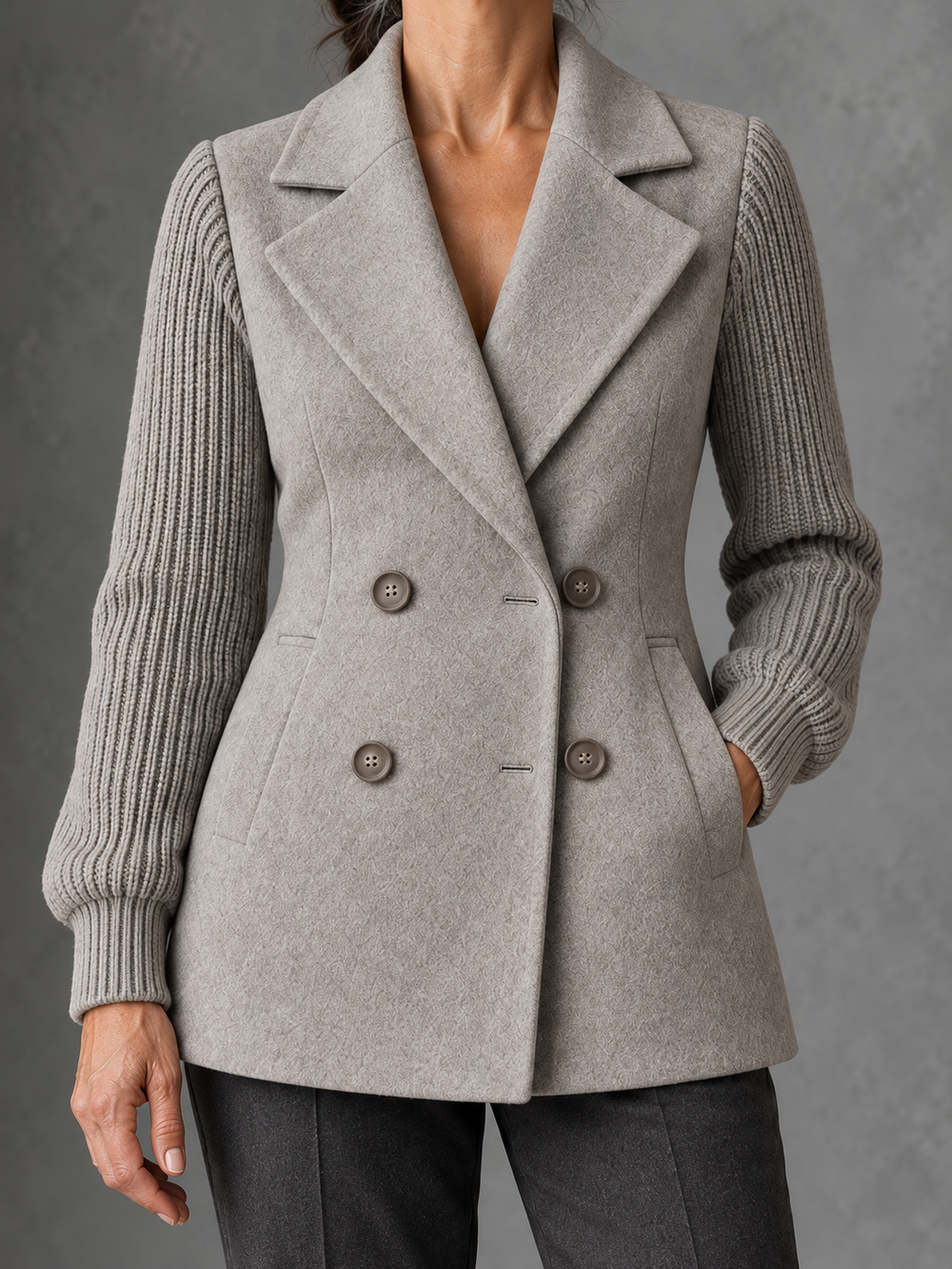 Blazer de doble botonadura con mangas de punto — modelo de 50 años, vista cercana sobre fondo gris