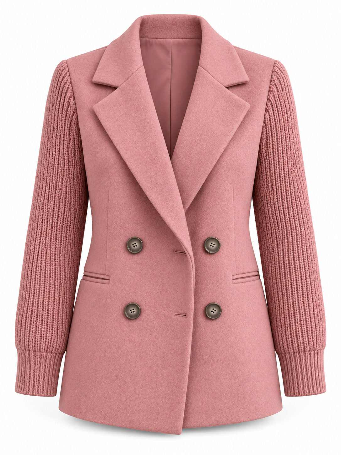 Blazer rosa con maniche in maglia su sfondo bianco, senza modella