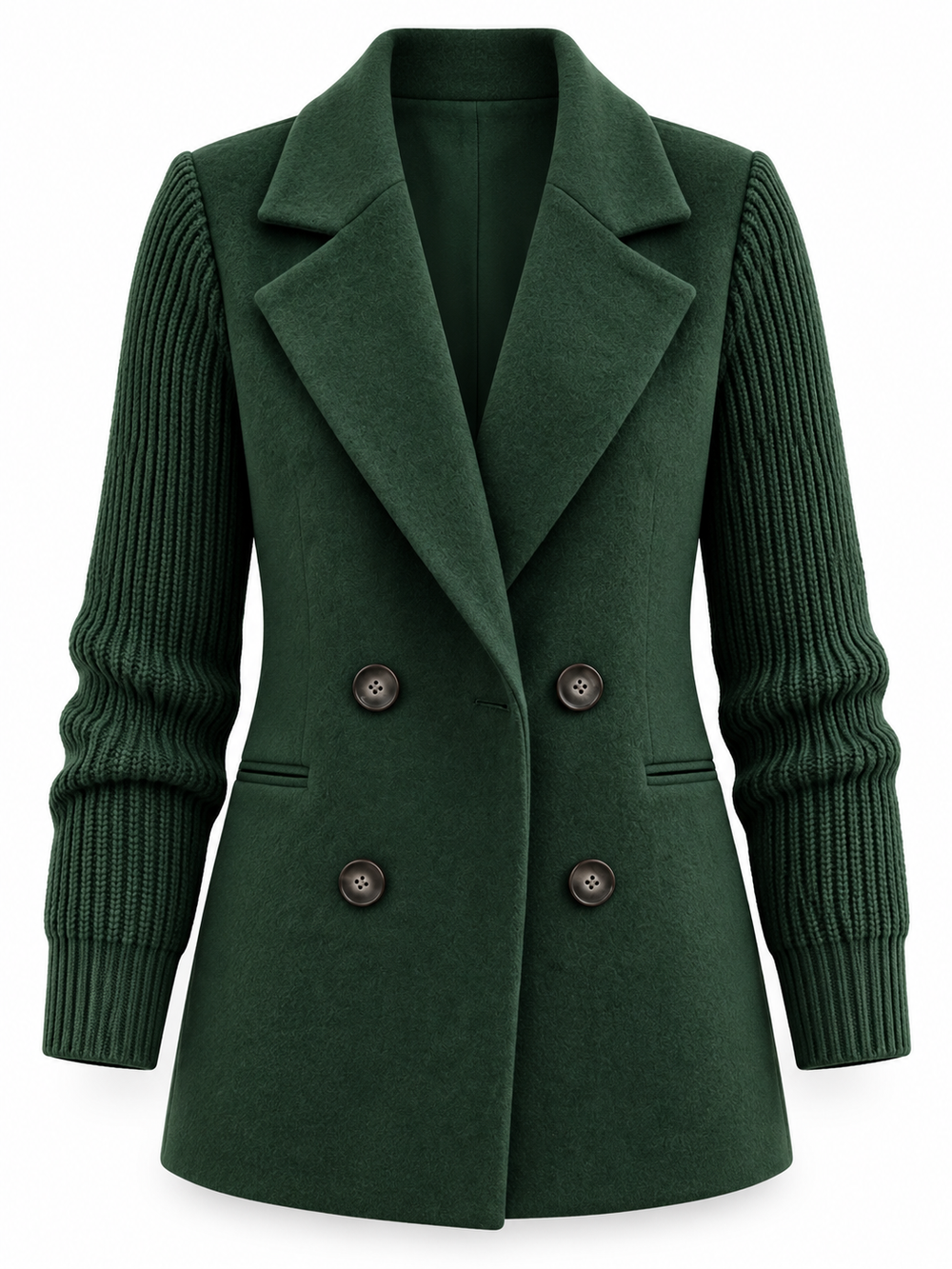 Blazer verde con maniche in maglia su sfondo bianco, senza modella