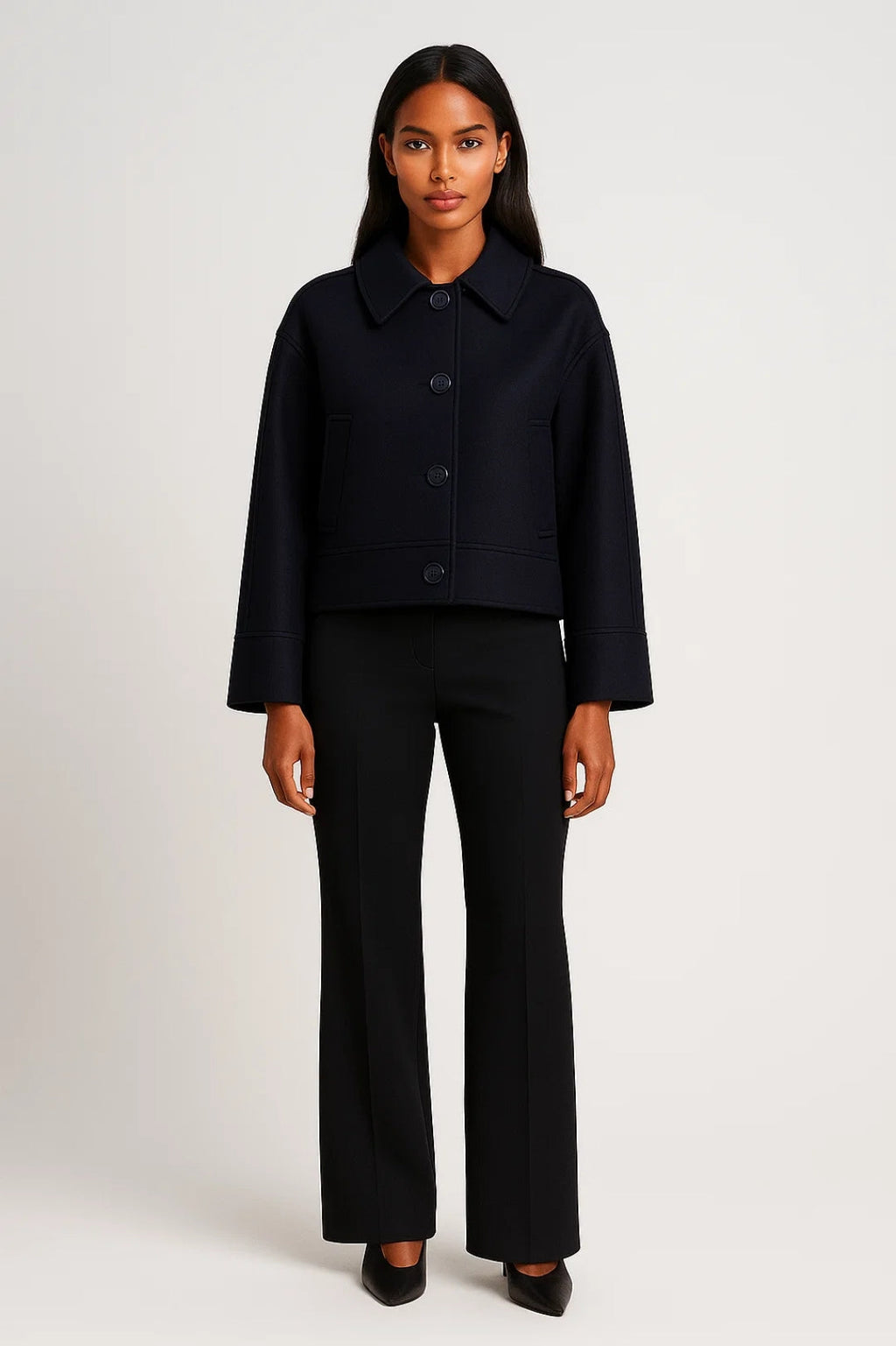 Elegante Korte Jas met Knopen en Minimalistische Kraag