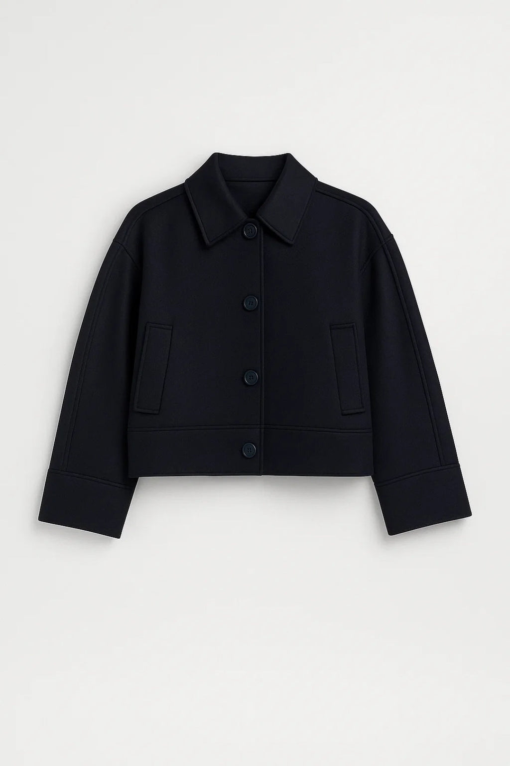 Elegante Korte Jas met Knopen en Minimalistische Kraag