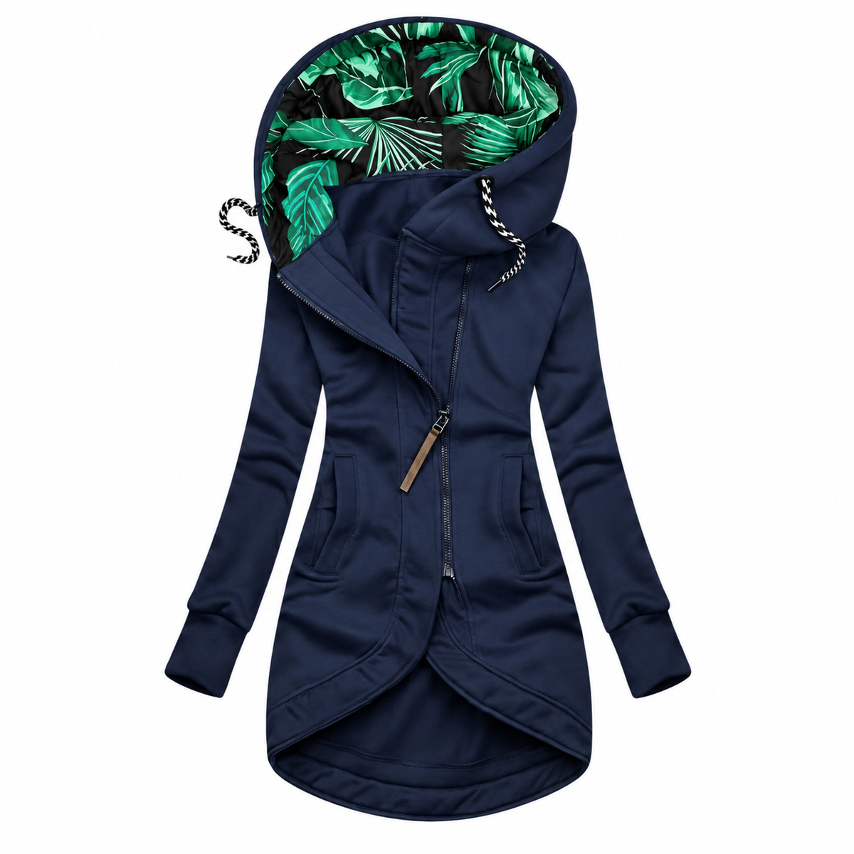 Giacca con cappuccio blu navy su sfondo bianco
