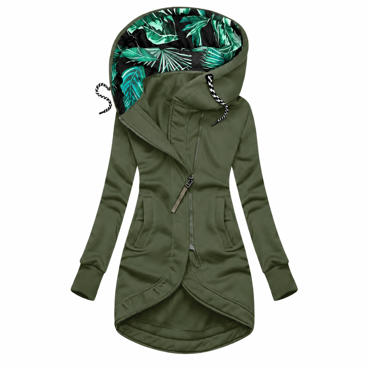 Giacca con cappuccio verde militare su sfondo bianco