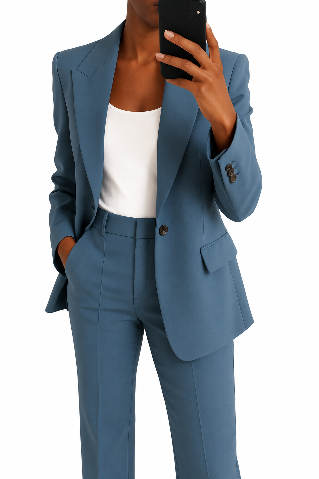 Completo blazer e pantaloni blu su sfondo bianco