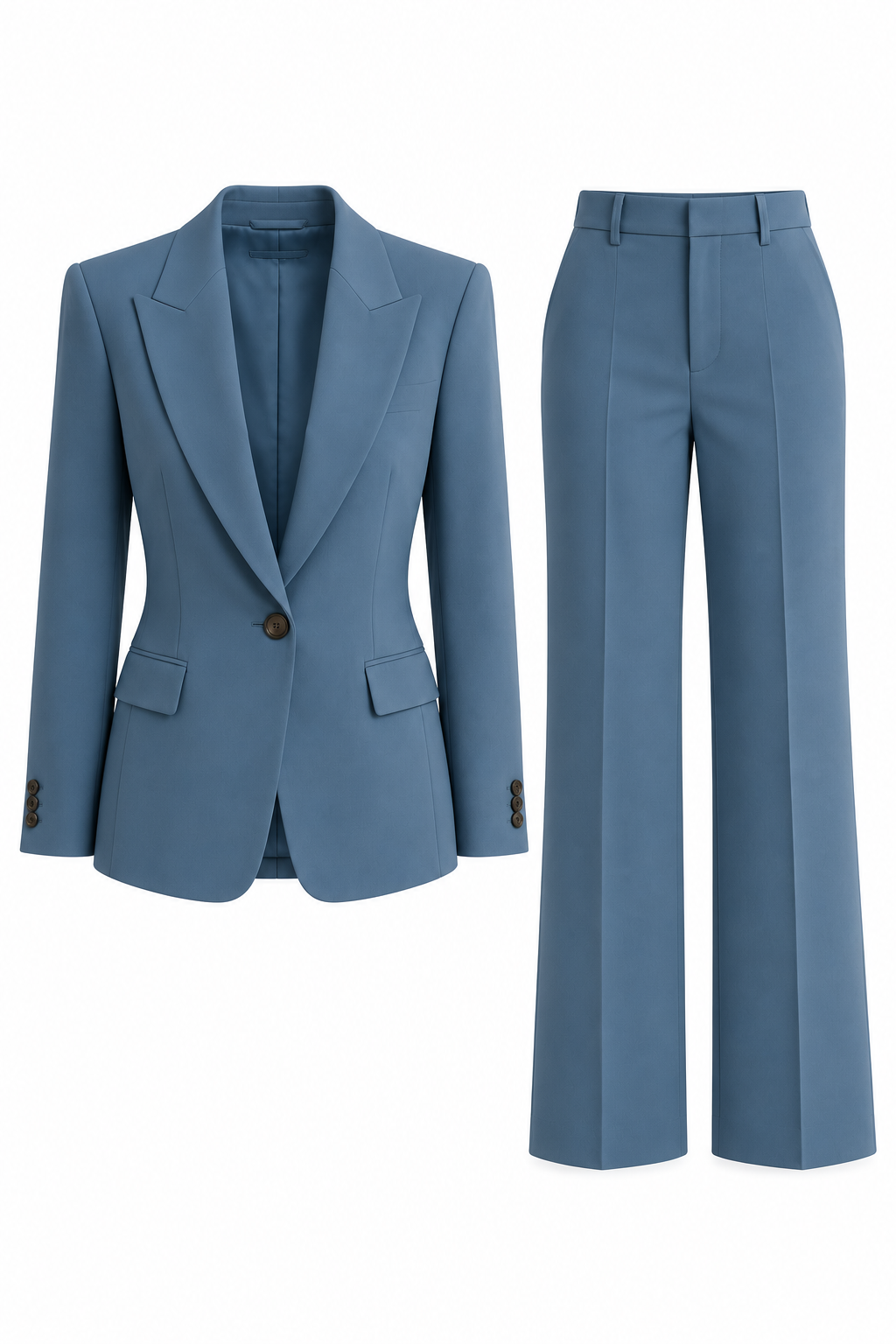 Blazer sciancrato e pantaloni a gamba larga blu, senza modella su sfondo bianco