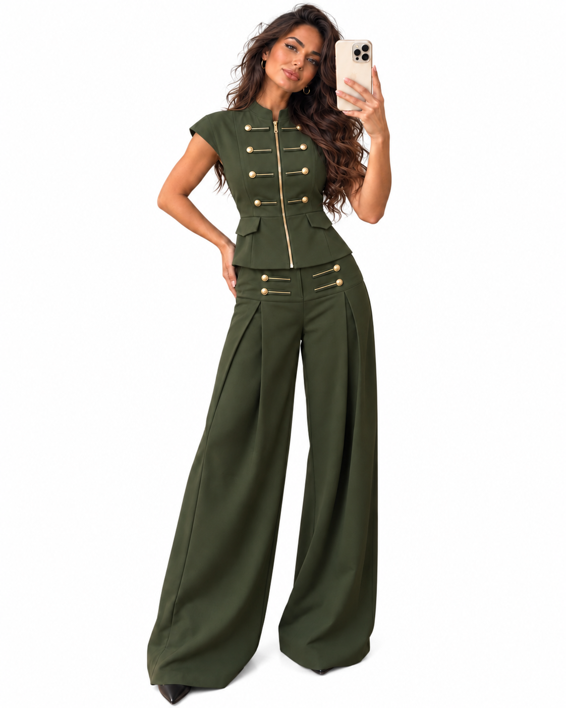 Tailleur Vale con applicazioni dorate, vista 1, sfondo bianco