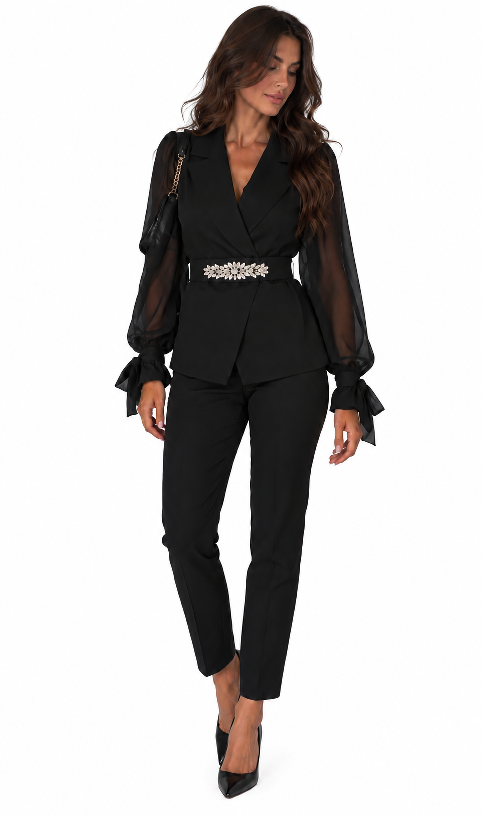 Completo blazer e pantaloni con dettaglio gioiello, vista 1, sfondo bianco