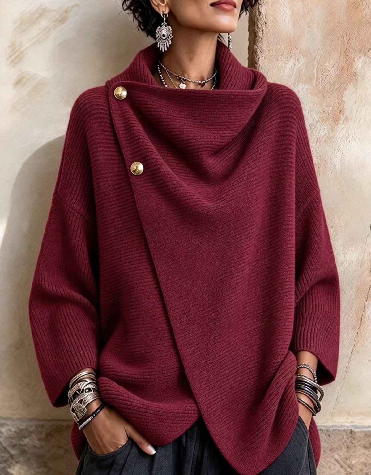 Maglione Alba bordeaux in maglia con collo asimmetrico