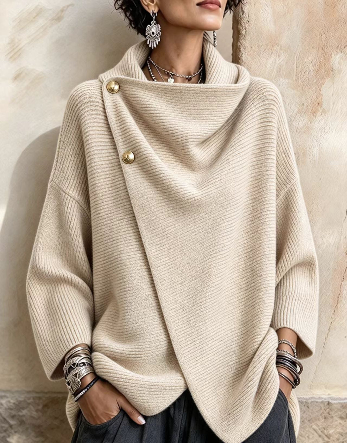 Maglione Alba crema in maglia con collo asimmetrico