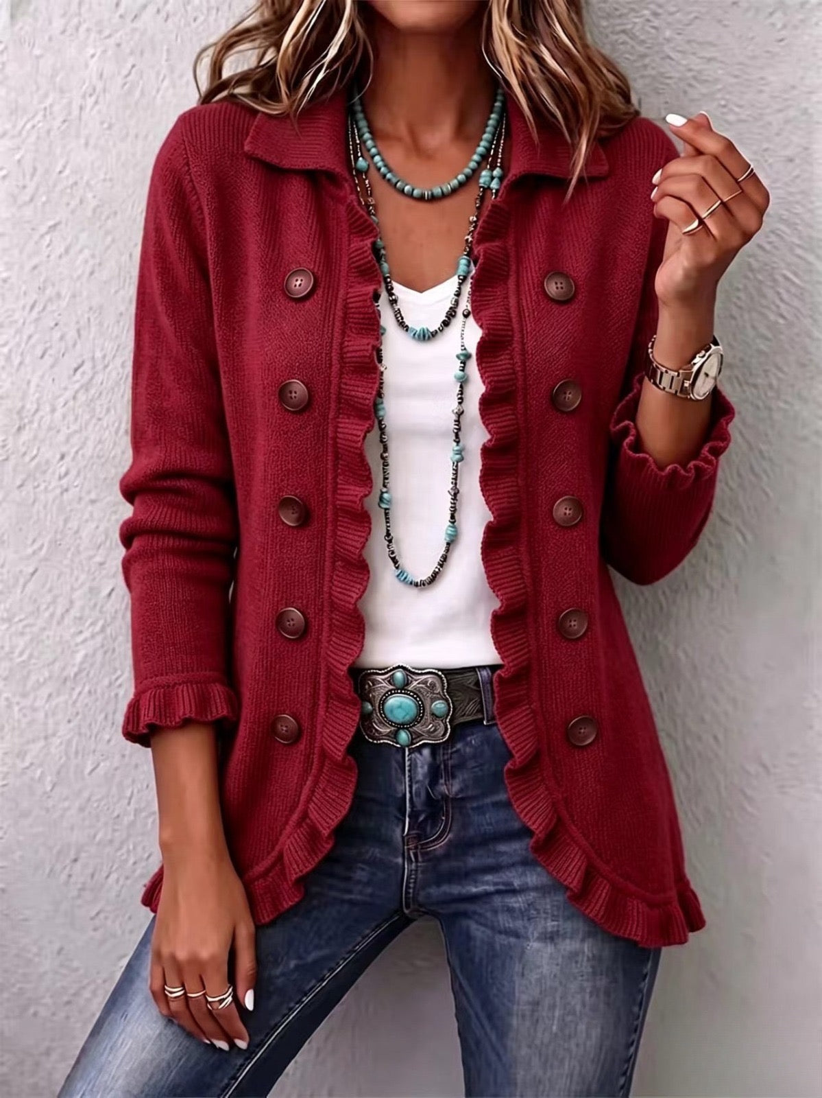 Cardigan Rosso Rubino con Volant