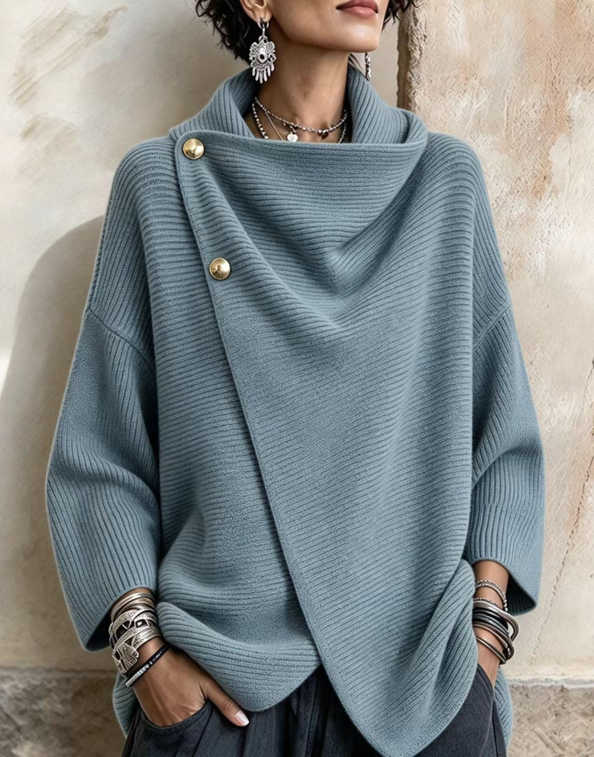 Maglione Alba azzurro in maglia con collo asimmetrico