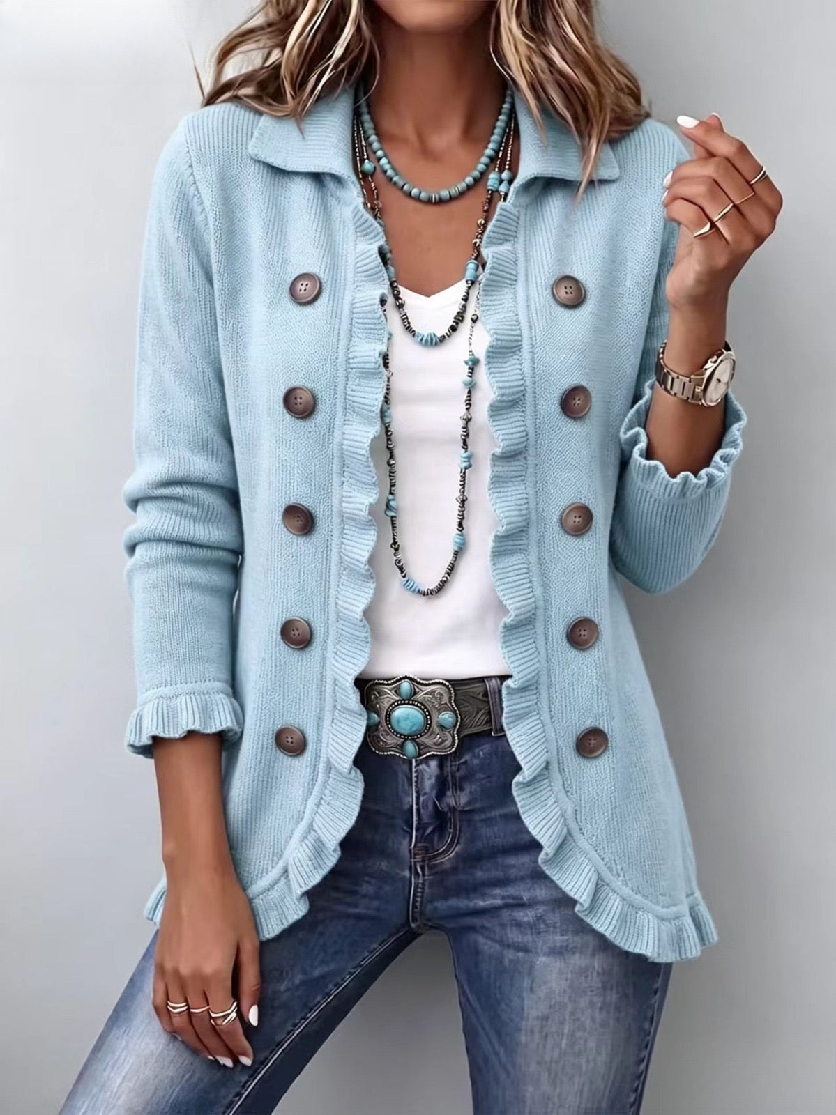 Cardigan in Maglia Blu Polvere con Volant