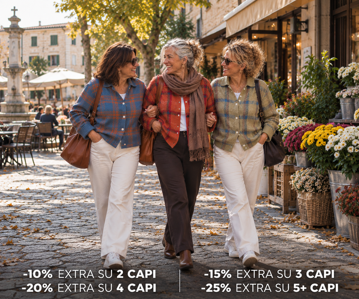Sconti extra: -10% su 2 capi, -15% su 3, -20% su 4, -25% su 5 o più