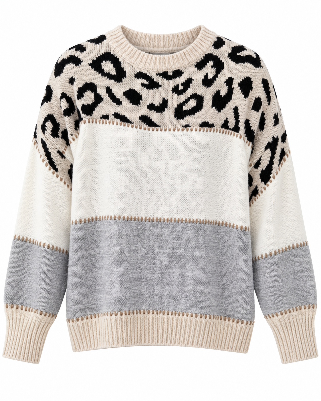 Maglione leopardato grigio — solo il capo su sfondo bianco