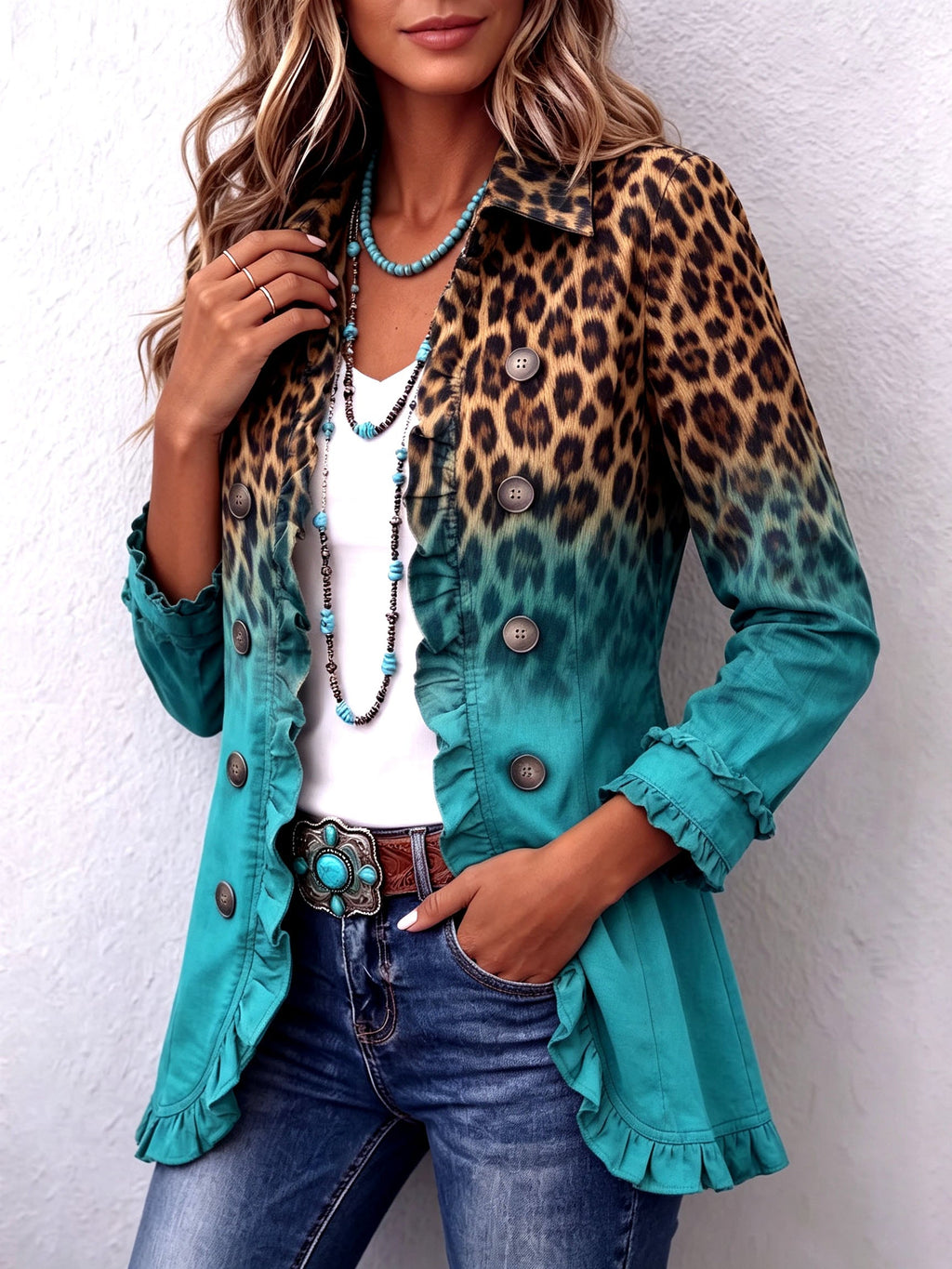 Blazer leopardato sfumato con volant