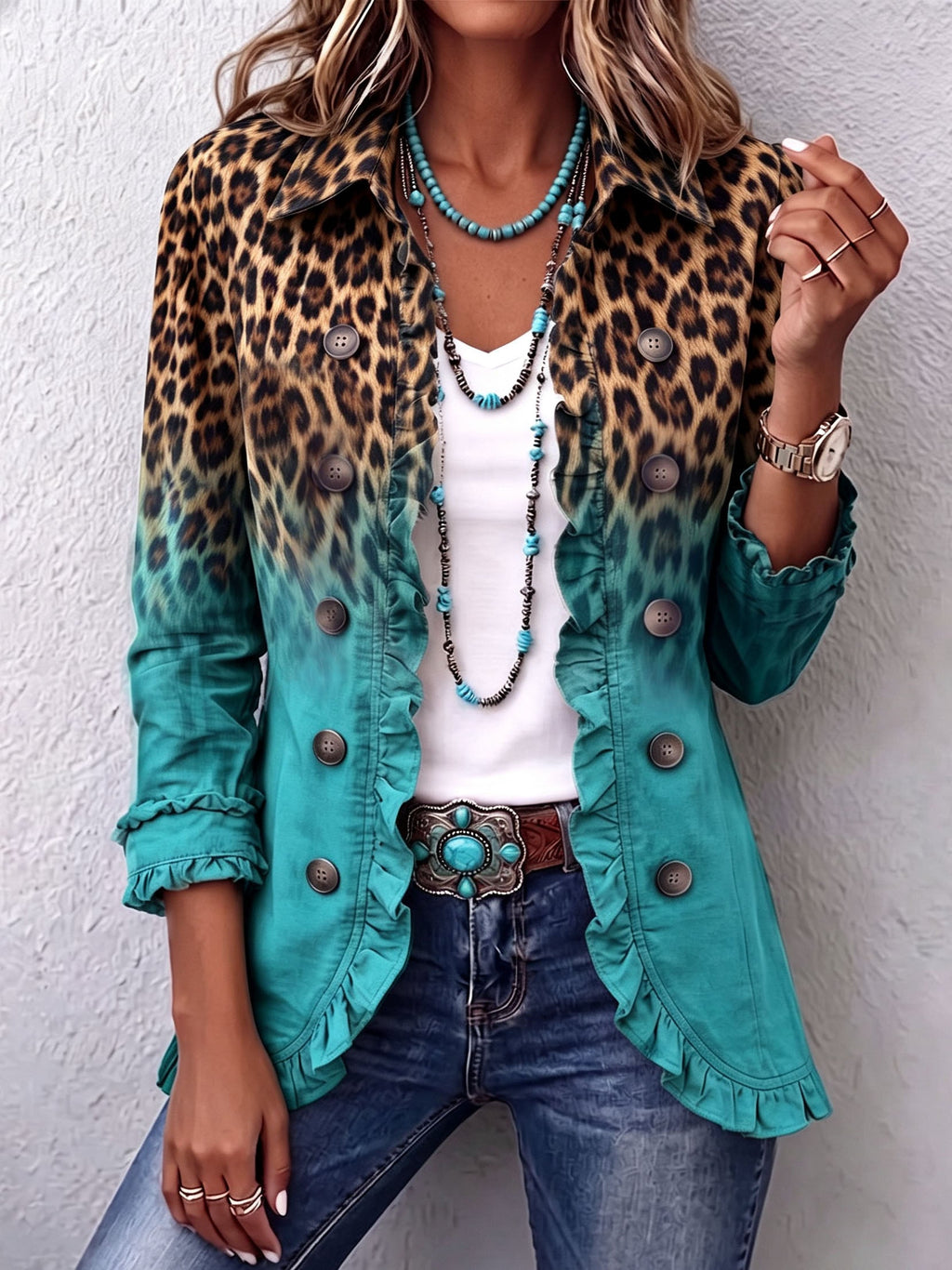 Blazer leopardato sfumato con volant