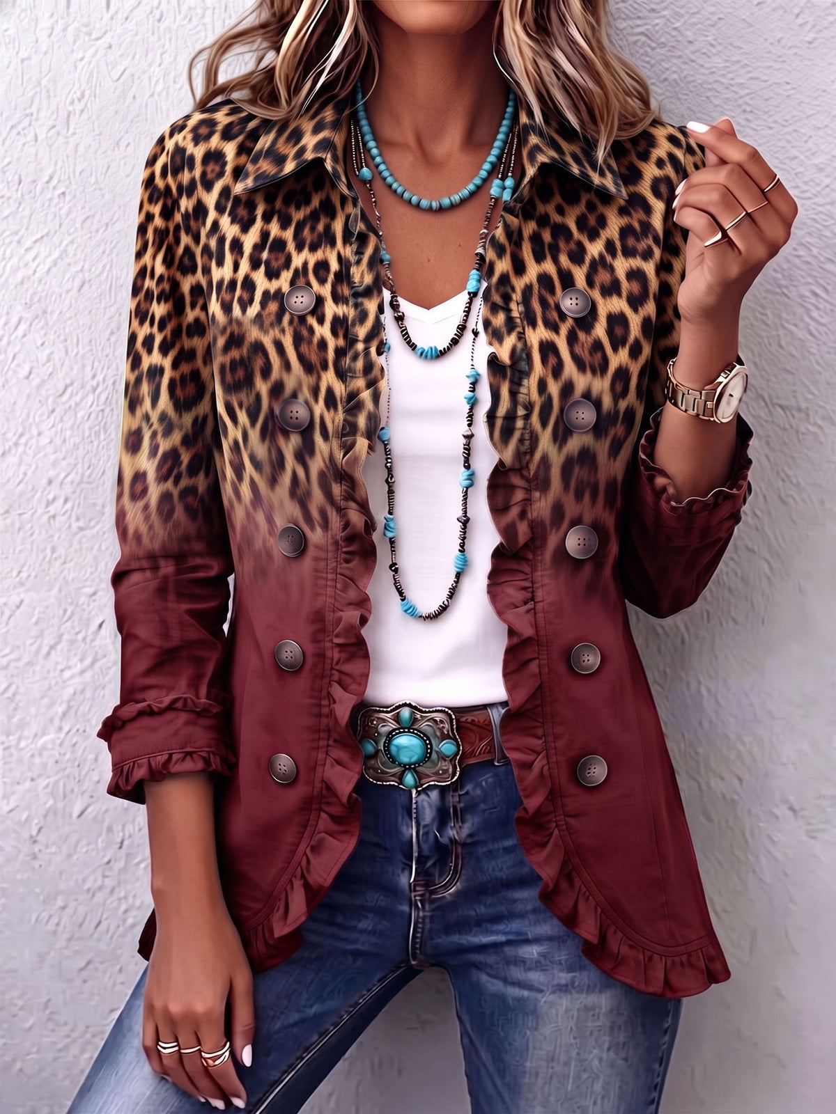 Blazer leopardato sfumato con volant