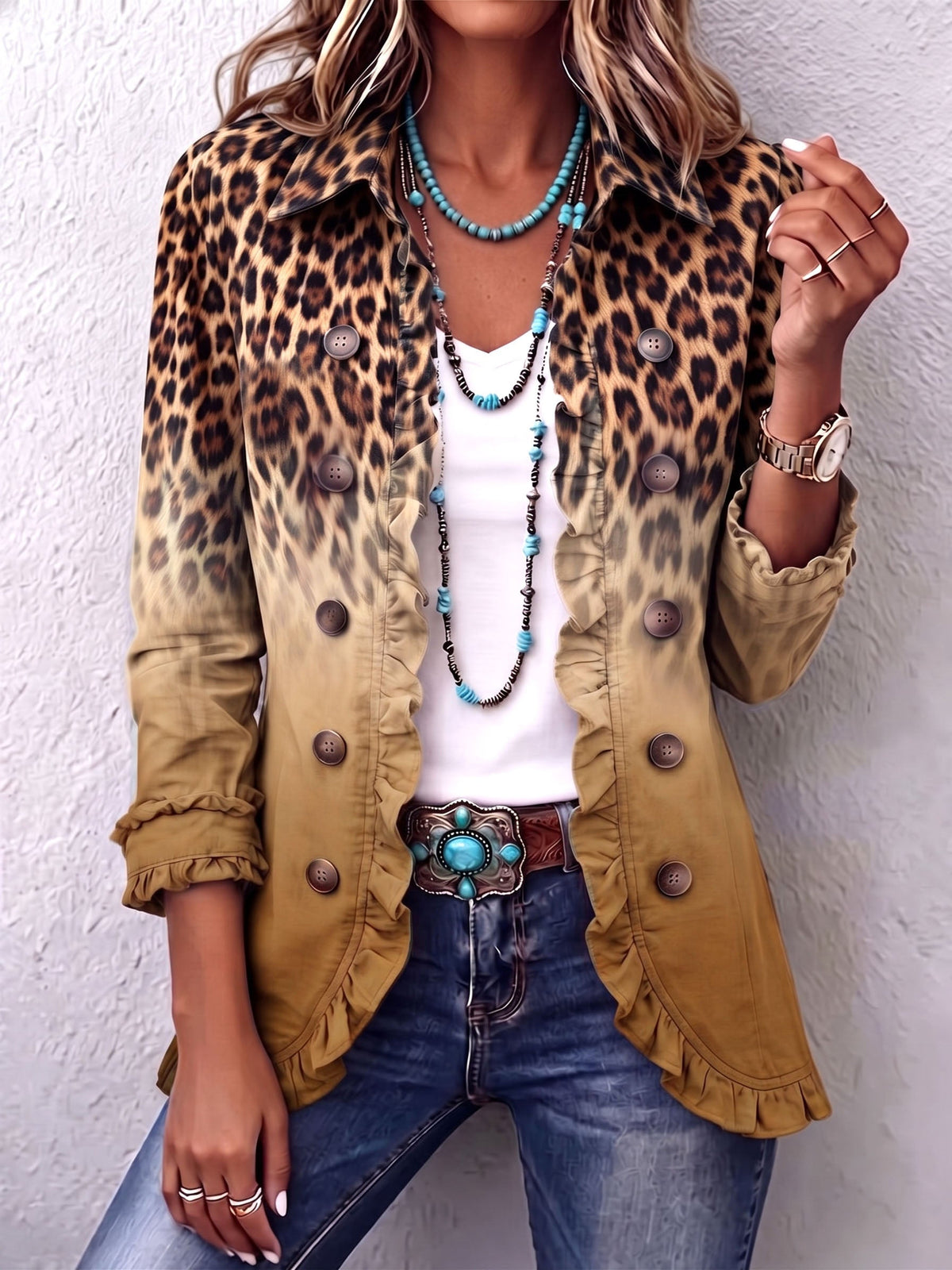 Blazer leopardato sfumato con volant