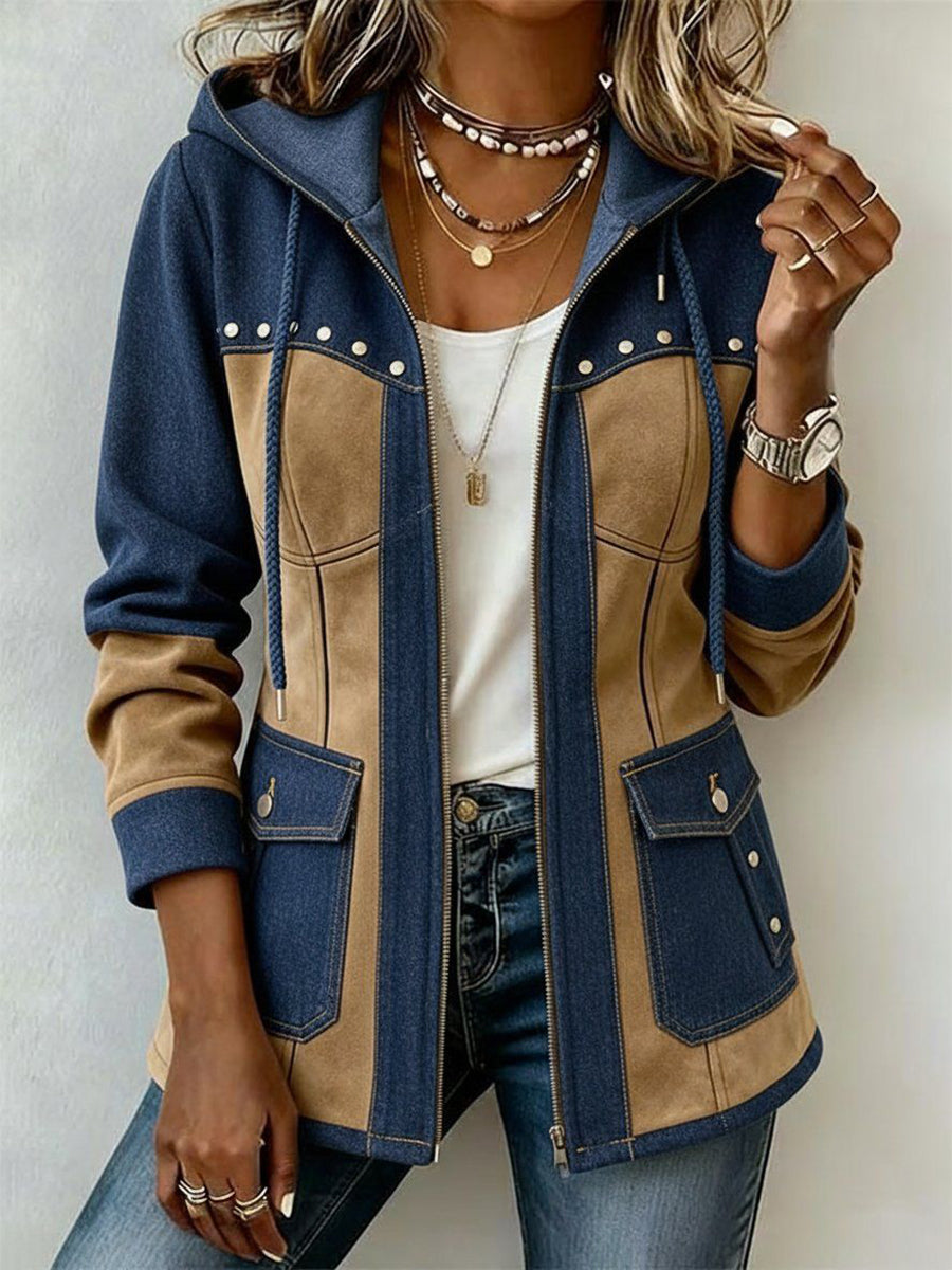 Giacca con cappuccio blu navy e cammello