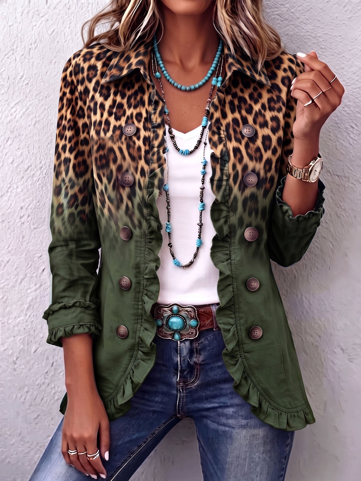 Blazer leopardato sfumato con volant