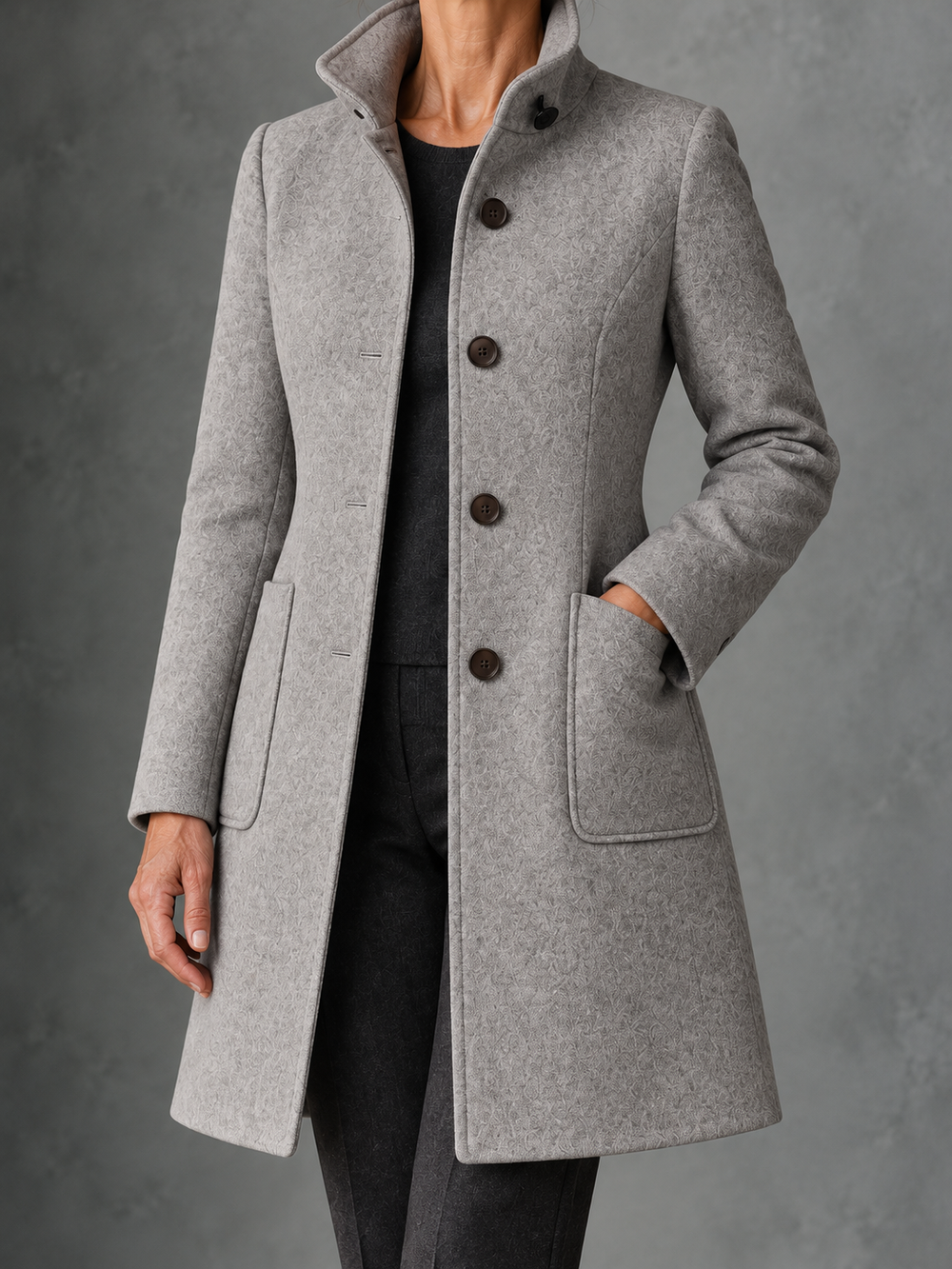 Lidia | Abrigo de lana con cuello alto y botones — modelo, vista cercana, fondo gris