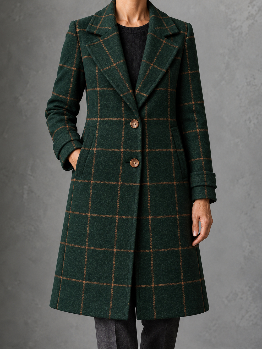Sofia | Cappotto Elegante a Quadri dal Taglio Morbido — modelo, vista cercana, fondo gris