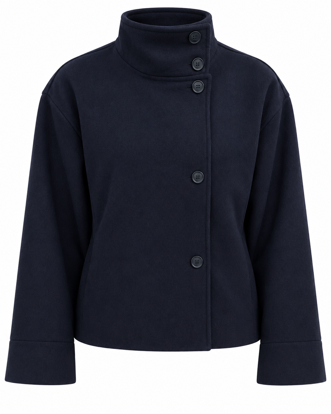 Giacca Rosalia blu navy con collo alto chiuso, senza modella su sfondo bianco
