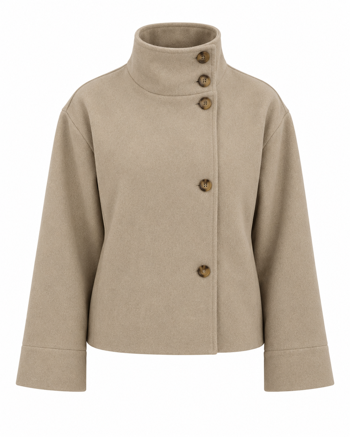 Giacca Rosalia beige con collo alto chiuso, senza modella su sfondo bianco