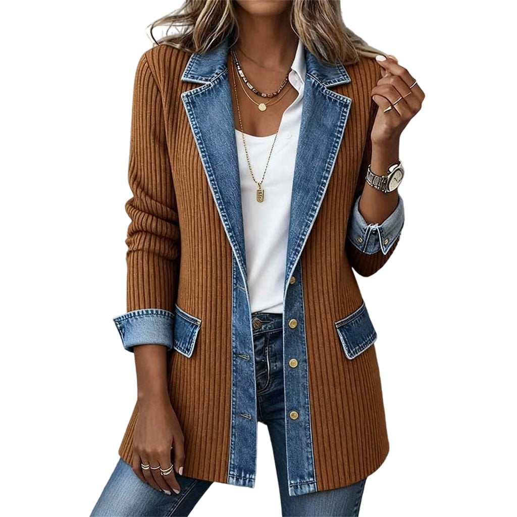 Cappotto in denim elegante da donna con inserto in maglia a coste