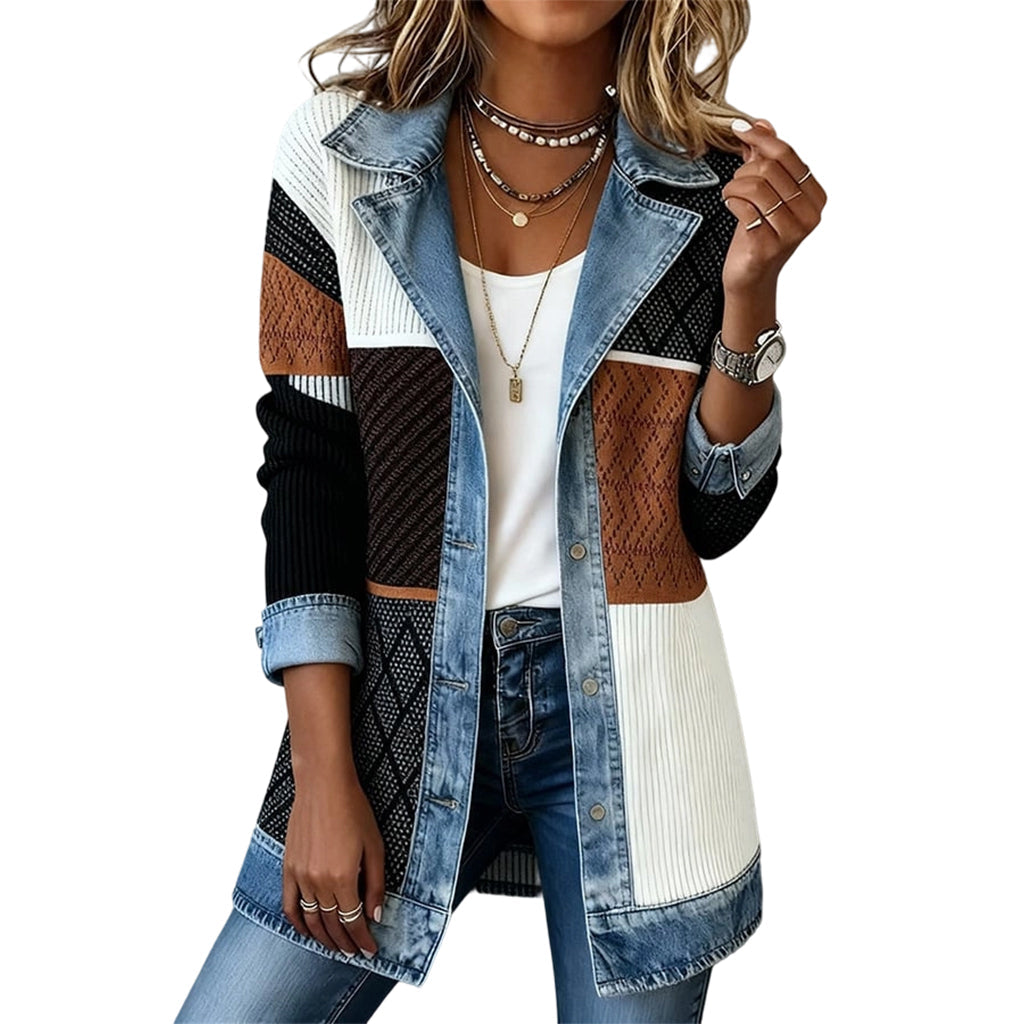 Cappotto in denim elegante da donna con inserto in maglia a coste