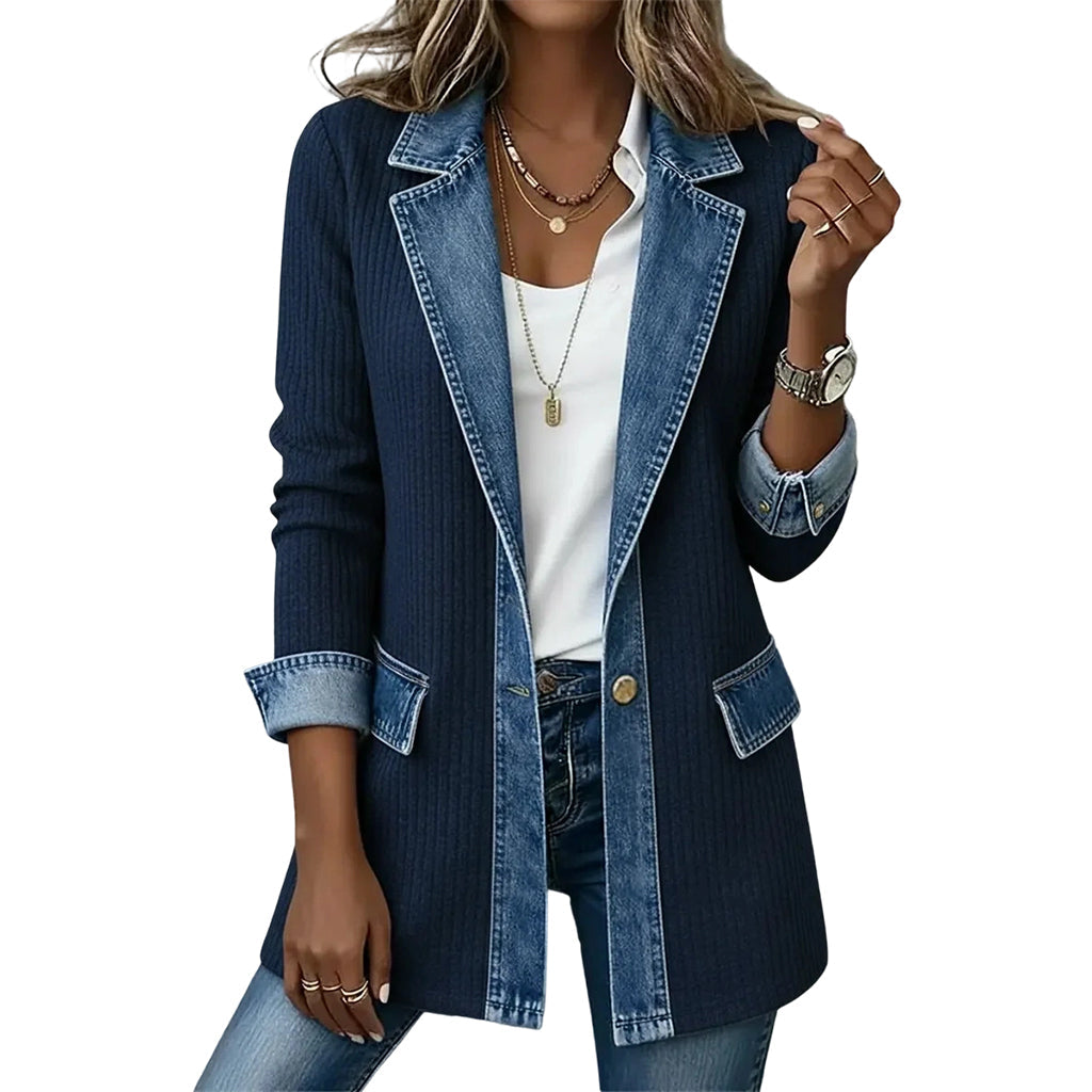Cappotto in denim elegante da donna con inserto in maglia a coste