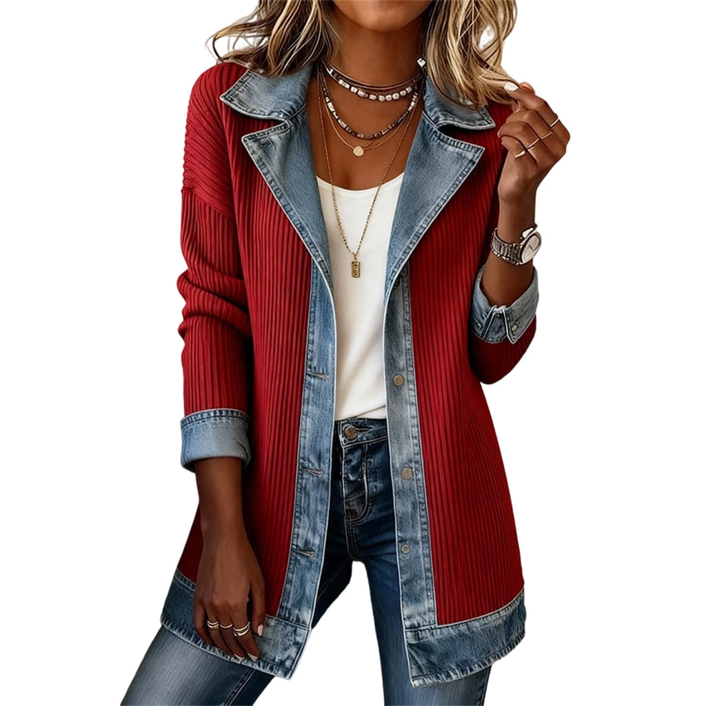 Cappotto in denim elegante da donna con inserto in maglia a coste