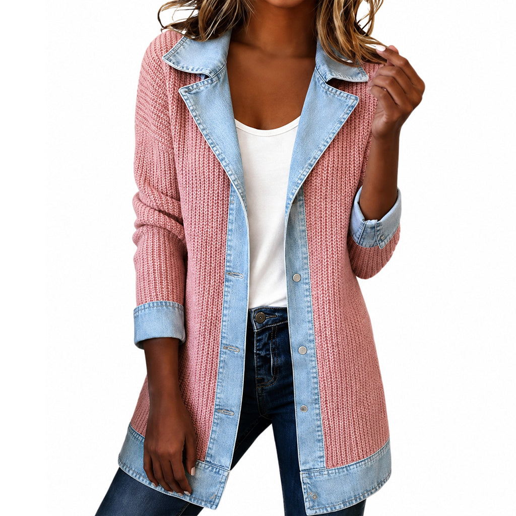 Cappotto in denim elegante da donna con inserto in maglia a coste