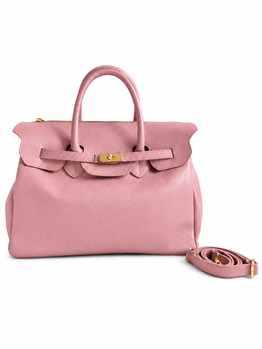 Borsa con chiusura dorata rosa su sfondo bianco